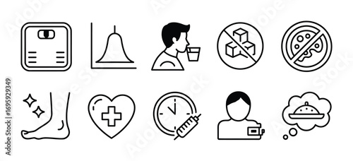 Diabetes management and healthy lifestyle vector icons set for diet control and sugar free food plan