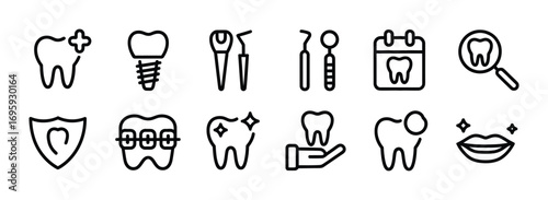 Dental care teeth health dentist orthodontics tooth implant clinic hygiene mouth smile icons set vector