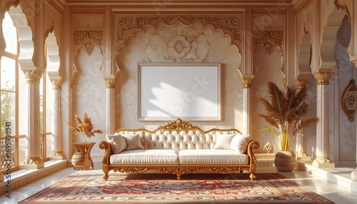 Indian Living Room Mock Up Frame with Sofa, Intricate Wooden Arches, Smoke and Light Rays, and Cozy Dreamy Mood. Copy space. Generative AI