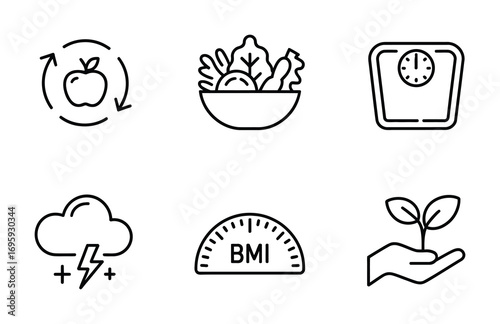Healthy lifestyle diet weight loss nutrition fitness wellness salad apple bmi scale growth energy icon set