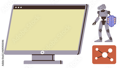 Desktop monitor, robot holding shield, and node diagram illustrate technology, AI, machine learning, data, cybersecurity, innovation, and future research as a simple flat metaphor