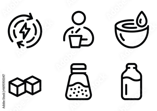 Energy drink coffee sugar cubes water bottle milk bowl person drinking sweetener container refill power
