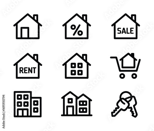 Real estate houses for sale rent home buying property investment mortgage key apartment building icon set