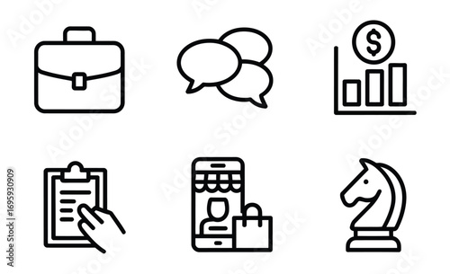 Business strategy planning marketing communication financial growth online shopping concept icons set