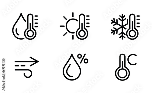 Weather forecast temperature humidity wind cold hot sun icons climate conditions meteorology signs
