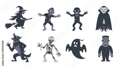 Halloween Monsters Silhouettes Set | Witch, Zombie, Vampire, Werewolf, Skeleton, Mummy, Ghost, Frankenstein | Cartoon Vector