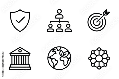 Icons set security organization target bank global network vector illustration design line art