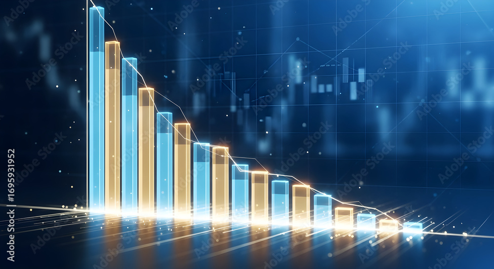 Naklejka premium 3d rendering of a falling stock market graph with glowing bars and digital data overlay, symbolizing financial crisis and economic downturn