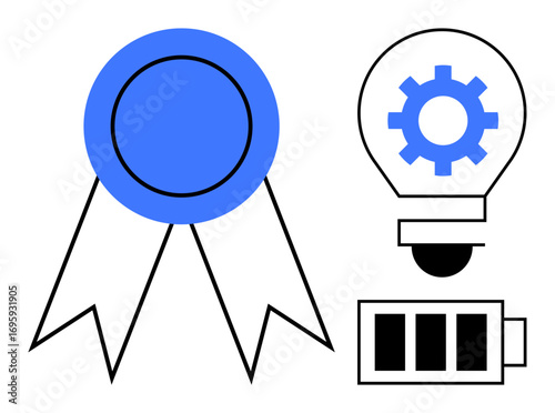 Blue ribbon beside cog-filled lightbulb and charged battery conveying success, innovation, and energy. Ideal for achievement, productivity, motivation, progress, learning, creativity and technology