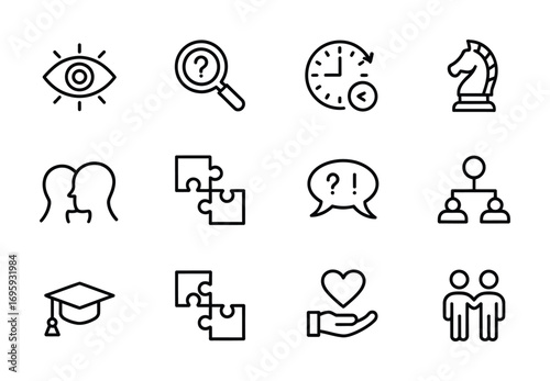 Vision search time strategy puzzle question leadership education love teamwork icons vector design
