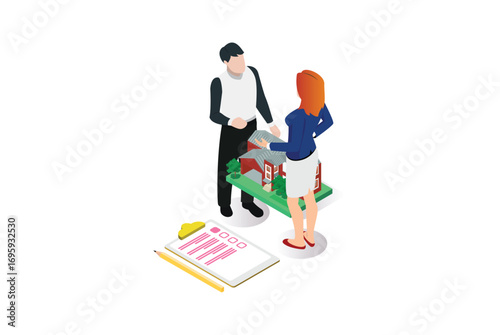 Modern isometric Mortgage to invest, characters and real estate property, loan on real estate to buy. Character and agent for invest on rent,  Suitable for Game Asset, And Other Graphic Related Assets