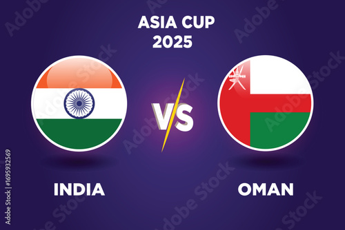 India vs Oman , cricket match concept. with rival flags of both teams in circular shape isolated on blue background. with editable EPS file. IND vs OM.