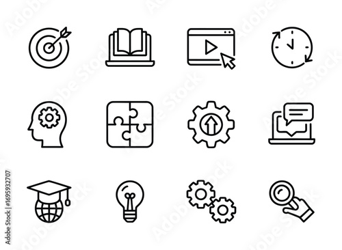 Learning education knowledge online course study icon set solution idea development target time management