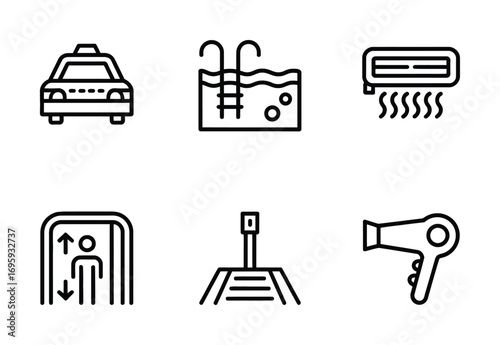 Hotel amenities icons set taxi swimming pool air conditioner elevator train hair dryer vector art