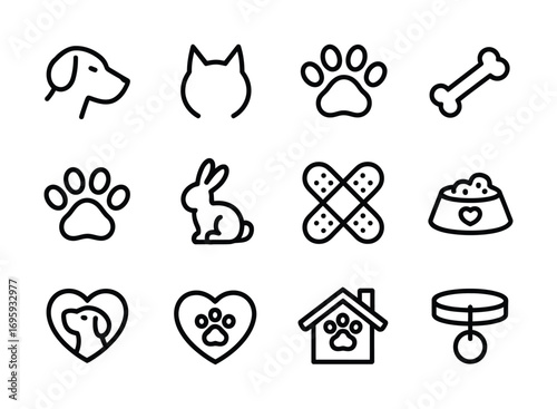 Pet care icons vector dog cat paw bone rabbit food bowl collar house heart pet health symbol set