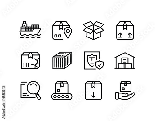 Delivery shipping logistics supply chain management package distribution cargo export import icons set vector