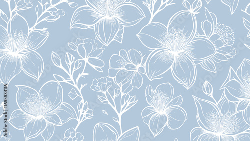 Blue and white seamless patterns background with flowers sakura.  Botanic tropical wallpaper with daisies flower and leaves. 