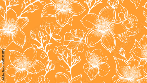 Orange and white seamless patterns background with flowers sakura.  Botanic tropical wallpaper with daisies flower and leaves. 