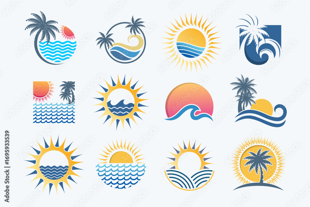 Obraz premium Summer holidays logo. Summer beach, vacation, travel, tropical paradise emblems. Vector illustration