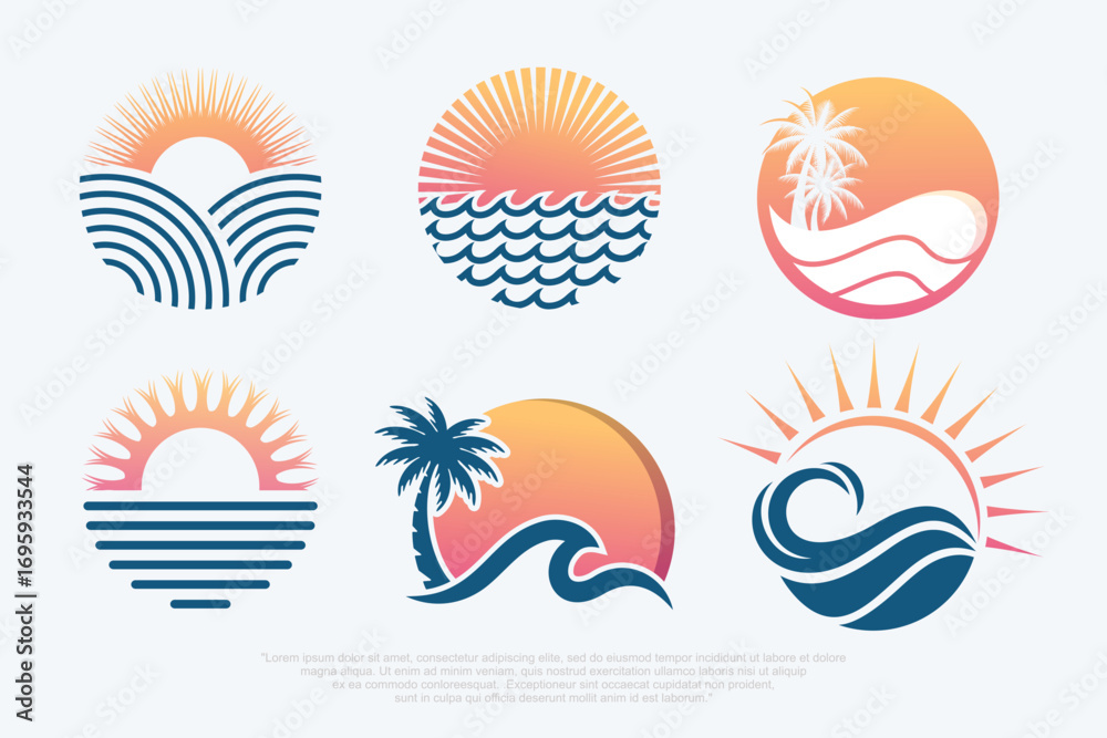 Obraz premium Summer holidays logo. Summer beach, vacation, travel, tropical paradise emblems. Vector illustration