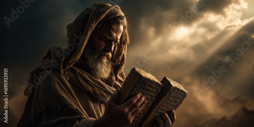 Wise old man with beard holding ancient book with dramatic sky. Moses and tablets of 10 commandments concept. Old testament bible.