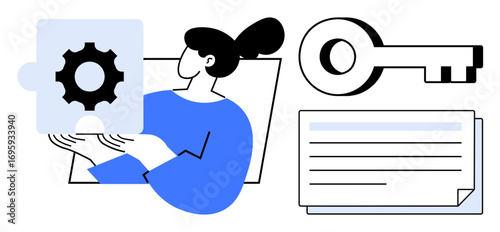 Woman holding puzzle piece with gear inside, next to a key and documents. Ideal for teamwork, strategy, problem-solving, innovation, creativity, knowledge solutions. Clean simple flat metaphor