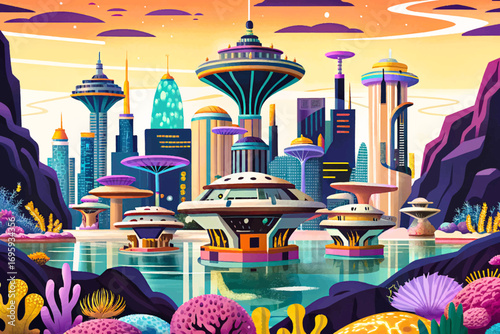 Cyberpunk futuristic underwater city with neon glowing corals, surreal dystopian seascape, sci-fi retro design