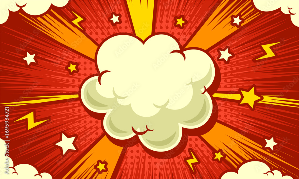 Fototapeta premium Comic pop art burst red background with blank cloud