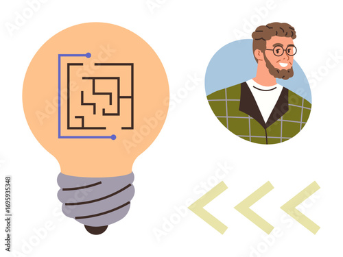 Lightbulb with circuit maze signifies problem-solving, man represents creative collaboration, forward arrows denote progress. Ideal for teamwork, innovation, technology, education, creativity