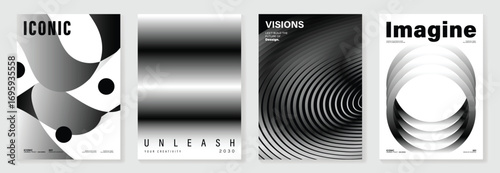 Abstract monochrome poster background vector set. Modern cover template with black and white perspective geometric prism shape, line. Ideal design for social media, banner, ads.