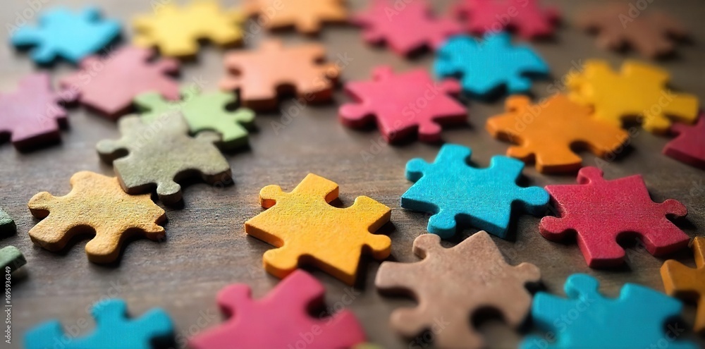 Fototapeta premium Close-up shot of colorful jigsaw puzzle pieces scattered on a wooden surface, some fitting together, others separated, suggesting confusion and incompleteness , colors, colorful, top view