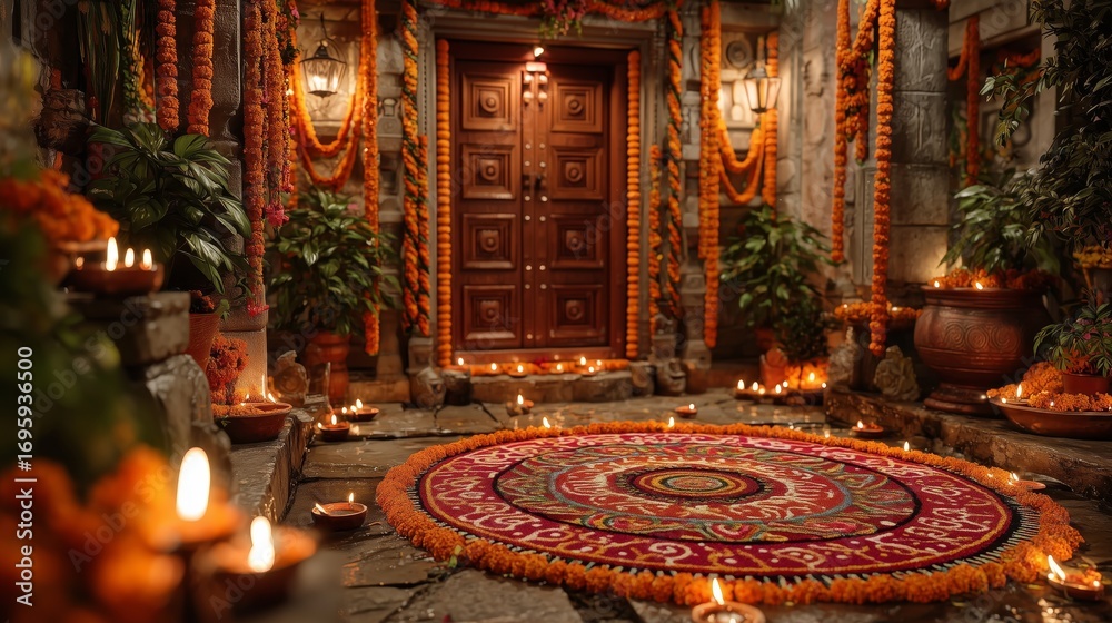 Obraz premium Indian doorway decorated for Diwali. Rangoli, Pookalam, candles, marigold flowers garland.