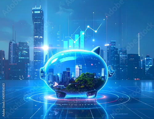 A digital visualization of a piggy bank, with cityscape, financial growth concepts. It embodies the idea of financial security, saving, and future prosperity