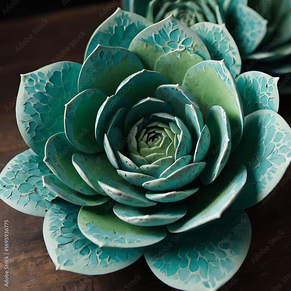 Obraz premium Succulent rose flower with turquoise and seafoam petals, detailed rosette texture, ornamental plant close-up on dark background