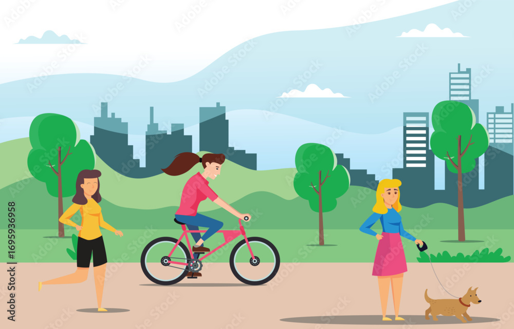 Fototapeta premium Young people rides a sports bike on a park road, Vector Illustration Suitable for Diagrams, Infographics, Game Asset, And Other Graphic Asset