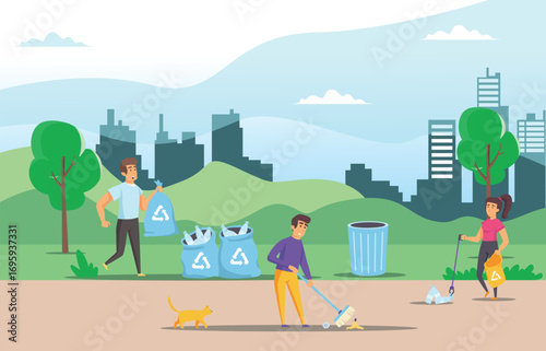 Illustration People collect and sort garbage in city park vector flat illustration. Men and woman taking care of the planet by collecting waste in bags.  Suitable for Diagrams, Infographic, Game Asset