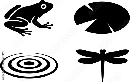 Simple black silhouette icons of a frog, lily pad, water ripples, and a dragonfly.