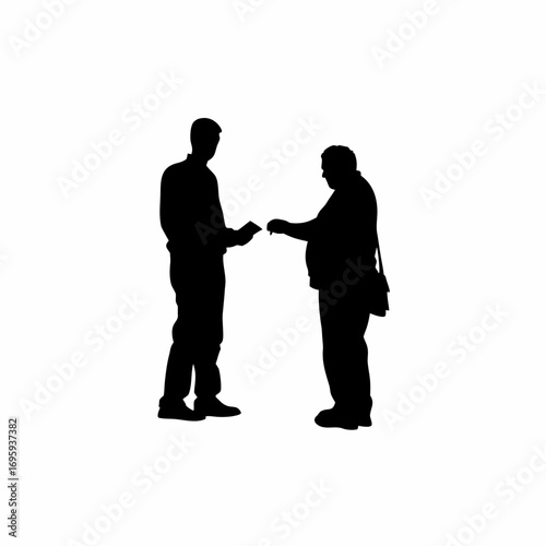 Silhouette of a man giving money to a vendor on a white background