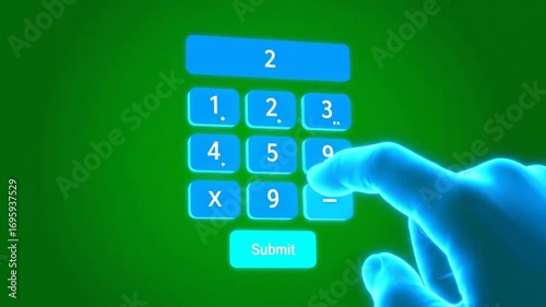 Entering a PIN code on a glowing touchscreen interface with a futuristic, neon glow, ready to submit, accessing secure data, modern technology at work