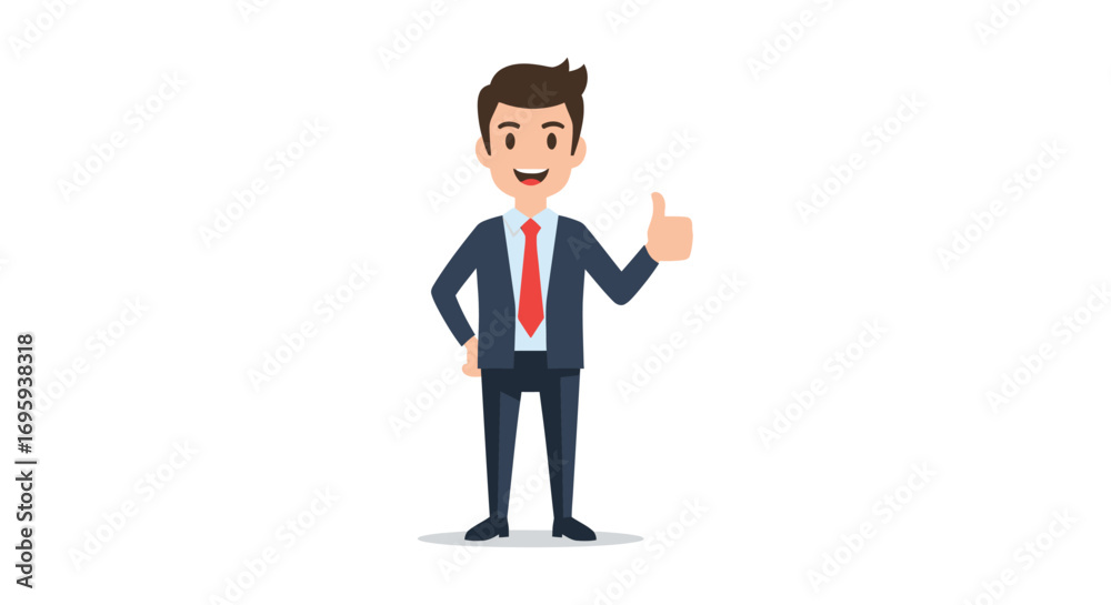 Fototapeta premium Smiling businessman in suit gives thumbs up, positive business gesture.