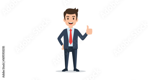Smiling businessman in suit gives thumbs up, positive business gesture.