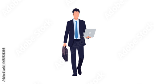 Businessman walking, carrying laptop and briefcase, confident stride.