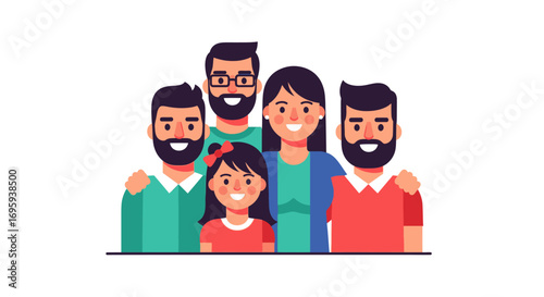 Happy multigenerational family portrait; smiling adults and child together.