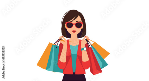 Smiling woman holding shopping bags, happy after a successful shopping spree.