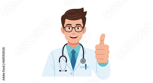 Cartoon doctor with glasses and stethoscope gives a thumbs up gesture, smiling against a white background.