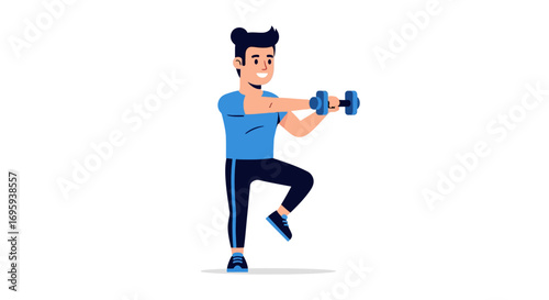 Cartoon illustration of a man exercising with dumbbells, showcasing a single-leg workout.