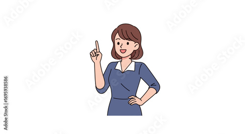 A smiling woman in a blue dress points upwards, indicating a suggestion or idea.