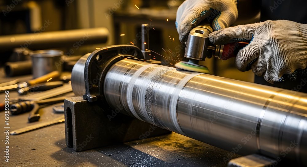 Fototapeta premium Industrial metalworking process where a skilled machinist grinds a large steel component in a manufacturing plant