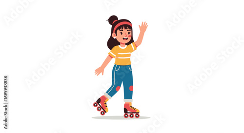 Happy girl roller skating, waving cheerfully outdoors.