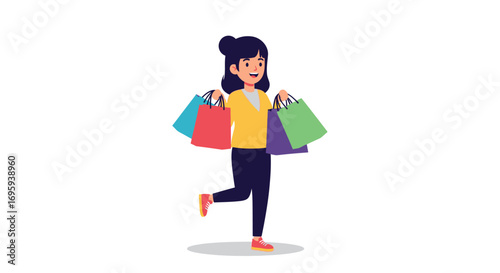 A joyful woman holding multiple colorful shopping bags, celebrating a purchase.